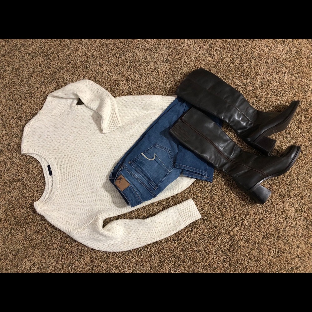 AE jeans size-6, AE sweater size-M, boots size-7
